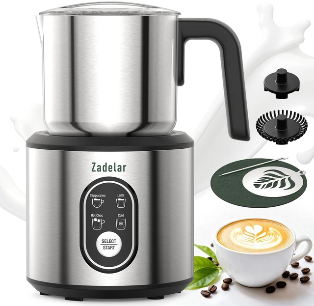 Main image of Milk Frother and Steamer, 4-in-1 Electric Milk Frother for Hot & Cold Foam | Removable, dishwasher-safe 304 stainless steel jug; 500W; 250mL froth/350mL heat; auto shutoff; green mat & latte art tools