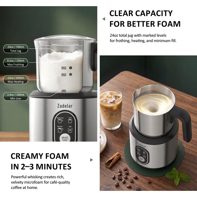 Alt view image 4 of 7 - Milk Frother and Steamer, 4-in-1 Electric Milk Frother for Hot & Cold Foam | Removable, dishwasher-safe 304 stainless steel jug; 500W; 250mL froth/350mL heat; auto shutoff; green mat & latte art tools