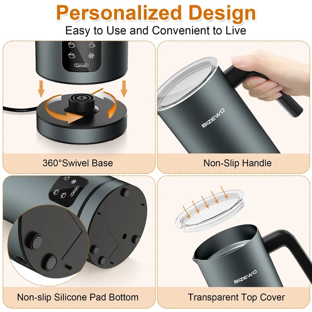 Alt view image 6 of 7 - Milk Frother Electric, 4 IN 1 Warm and Cold Milk Steamer for Coffee Latte | Automatic Cold and Hot Foam, Stainless Steel, Foam Maker with Touch Screen for Macchiato, Cappuccino, Hot Chocolate