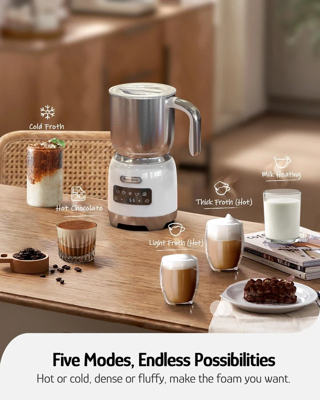 Alt view image 2 of 7 - Quinn Electric Milk Frother and Steamer, 5-in-1 Hot Cold, Detachable | 400ml 13.5oz large capacity, 304 stainless steel, dishwasher safe, for lattes, cappuccinos, hot choc, cold foam, pearl white