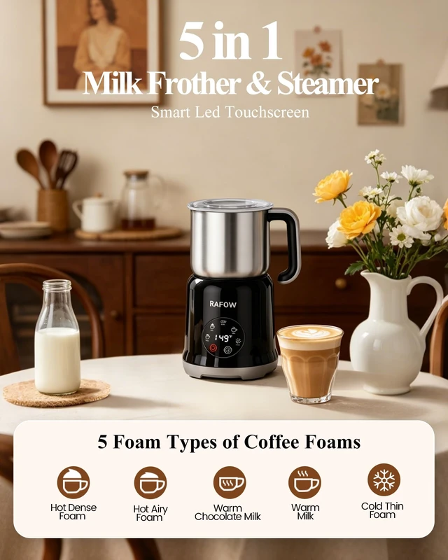 Alt view image 2 of 7 - 5 in 1 Milk Frother Electric - Automatic Split Milk Frothers 350ml Large Capacity Milk Steamer Silent Operation Stainless Steel Milk Heater and Warmer Hot & Cold Milk Foamer Dishwasher Safe for Latte