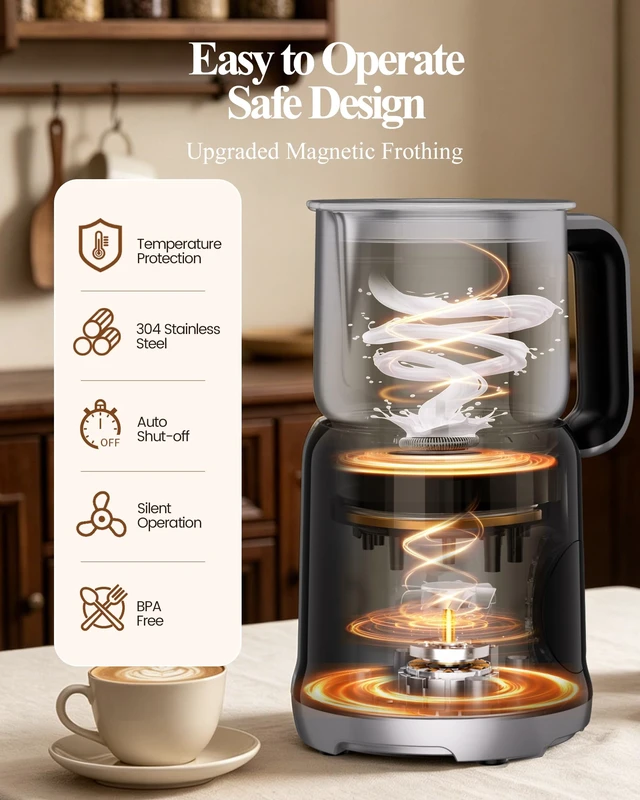 Alt view image 3 of 7 - 5 in 1 Milk Frother Electric - Automatic Split Milk Frothers 350ml Large Capacity Milk Steamer Silent Operation Stainless Steel Milk Heater and Warmer Hot & Cold Milk Foamer Dishwasher Safe for Latte