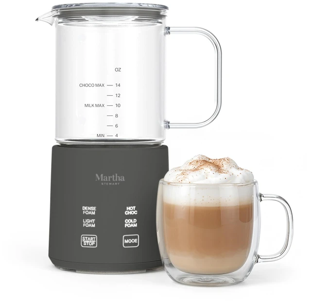 Main image of Martha Stewart 10oz Milk Frother & Steamer, 4 Presets, 300ml Glass Pitcher | Light, Dense, Cold Foam & Hot Chocolate, Ready in 90 Seconds, Cordless Pouring, Runs Quiet, Almond, Soy & Oat Milk, Caviar