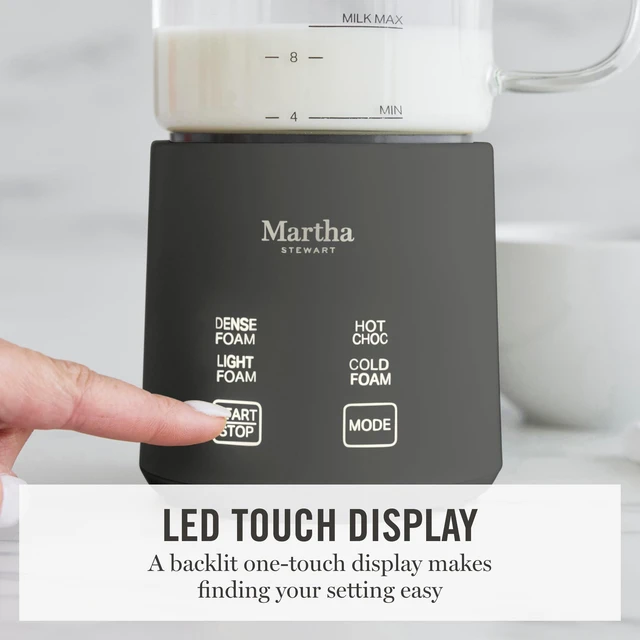 Alt view image 3 of 7 - Martha Stewart 10oz Milk Frother & Steamer, 4 Presets, 300ml Glass Pitcher | Light, Dense, Cold Foam & Hot Chocolate, Ready in 90 Seconds, Cordless Pouring, Runs Quiet, Almond, Soy & Oat Milk, Caviar