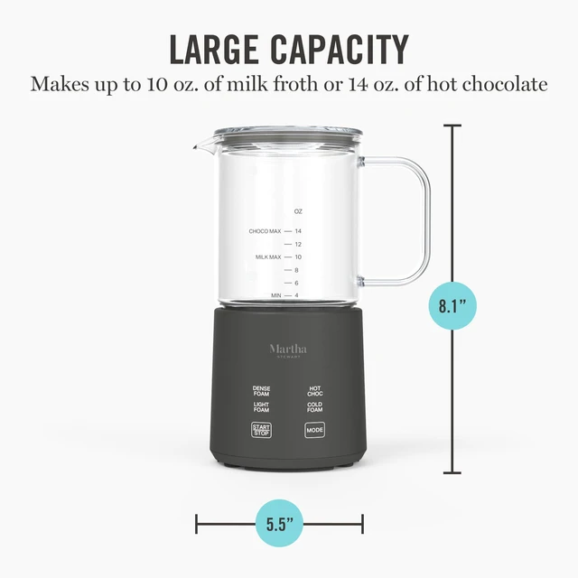 Alt view image 6 of 7 - Martha Stewart 10oz Milk Frother & Steamer, 4 Presets, 300ml Glass Pitcher | Light, Dense, Cold Foam & Hot Chocolate, Ready in 90 Seconds, Cordless Pouring, Runs Quiet, Almond, Soy & Oat Milk, Caviar