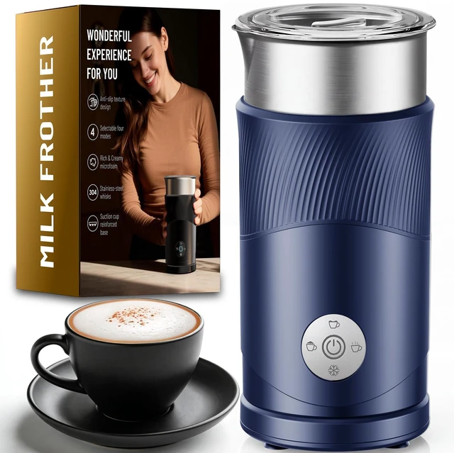Main image of 350ml Electric Milk Frother: 4-in-1 Hot & Cold Foam Maker - Blue | 450W Milk Steamer With 180ml Foam, Under 55dB For Family Mornings - SUS304 Steel, 2 Whisks for Latte, Cappuccino