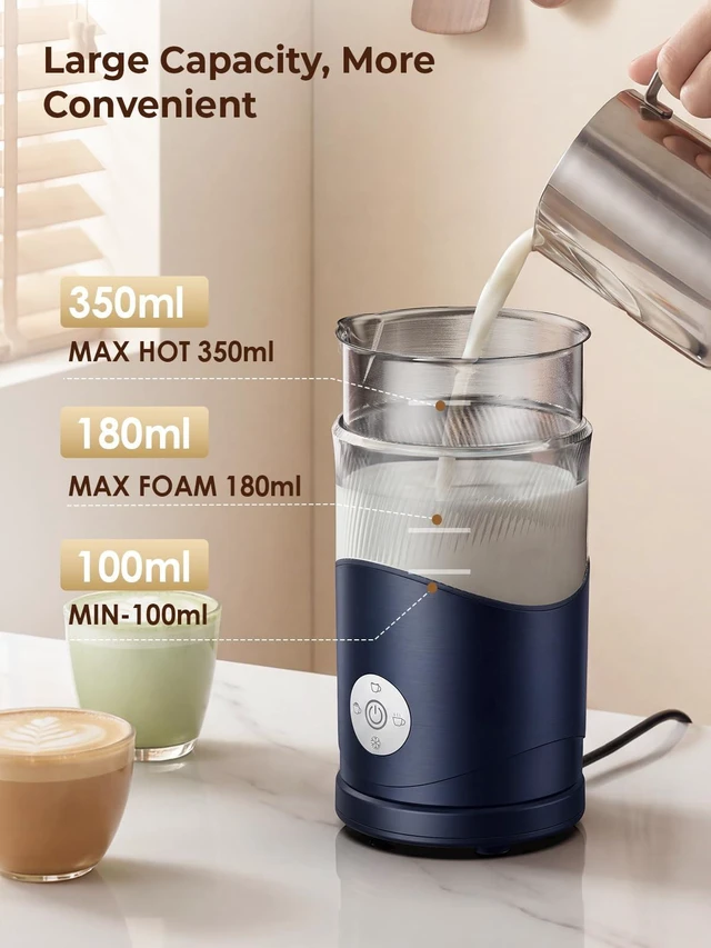 Alt view image 2 of 7 - 350ml Electric Milk Frother: 4-in-1 Hot & Cold Foam Maker - Blue | 450W Milk Steamer With 180ml Foam, Under 55dB For Family Mornings - SUS304 Steel, 2 Whisks for Latte, Cappuccino