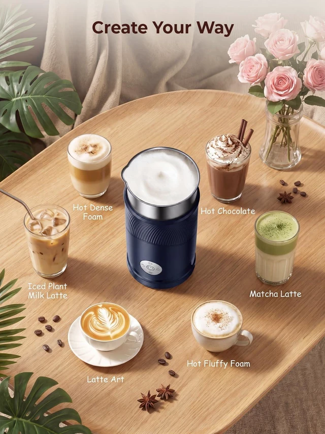 Alt view image 3 of 7 - 350ml Electric Milk Frother: 4-in-1 Hot & Cold Foam Maker - Blue | 450W Milk Steamer With 180ml Foam, Under 55dB For Family Mornings - SUS304 Steel, 2 Whisks for Latte, Cappuccino
