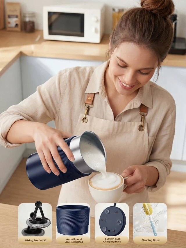 Alt view image 5 of 7 - 350ml Electric Milk Frother: 4-in-1 Hot & Cold Foam Maker - Blue | 450W Milk Steamer With 180ml Foam, Under 55dB For Family Mornings - SUS304 Steel, 2 Whisks for Latte, Cappuccino