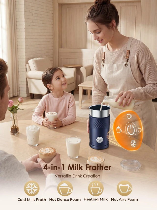Alt view image 7 of 7 - 350ml Electric Milk Frother: 4-in-1 Hot & Cold Foam Maker - Blue | 450W Milk Steamer With 180ml Foam, Under 55dB For Family Mornings - SUS304 Steel, 2 Whisks for Latte, Cappuccino