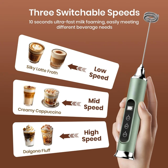 Alt view image 5 of 7 - YUSWKO Milk Frother Wand for Coffee with Stand, Coffee Frother Handheld | Rechargeable Drink Mixer Wand, Waterproof Electric Whisk for Protein Powder, Lattes, 3 Variable Speeds 3 Whisks, Granite
