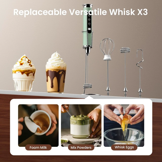 Alt view image 6 of 7 - YUSWKO Milk Frother Wand for Coffee with Stand, Coffee Frother Handheld | Rechargeable Drink Mixer Wand, Waterproof Electric Whisk for Protein Powder, Lattes, 3 Variable Speeds 3 Whisks, Granite