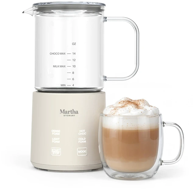 Main image of Martha Stewart 10oz Milk Frother & Steamer, 4 Presets, 300ml Glass Pitcher | Light, Dense, Cold Foam & Hot Chocolate, Ready in 90 Seconds, Cordless Pouring, Runs Quiet, Almond, Soy & Oat Milk, Linen