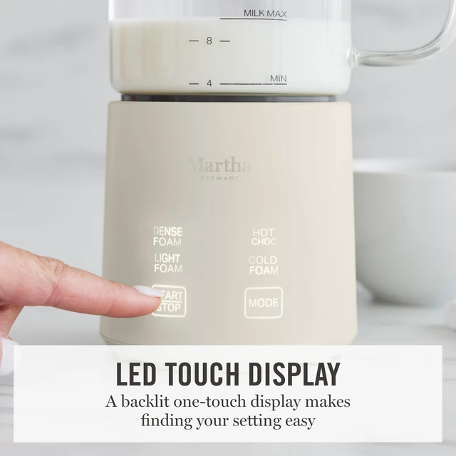 Alt view image 3 of 7 - Martha Stewart 10oz Milk Frother & Steamer, 4 Presets, 300ml Glass Pitcher | Light, Dense, Cold Foam & Hot Chocolate, Ready in 90 Seconds, Cordless Pouring, Runs Quiet, Almond, Soy & Oat Milk, Linen
