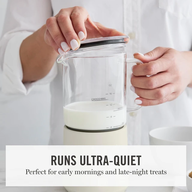 Alt view image 5 of 7 - Martha Stewart 10oz Milk Frother & Steamer, 4 Presets, 300ml Glass Pitcher | Light, Dense, Cold Foam & Hot Chocolate, Ready in 90 Seconds, Cordless Pouring, Runs Quiet, Almond, Soy & Oat Milk, Linen