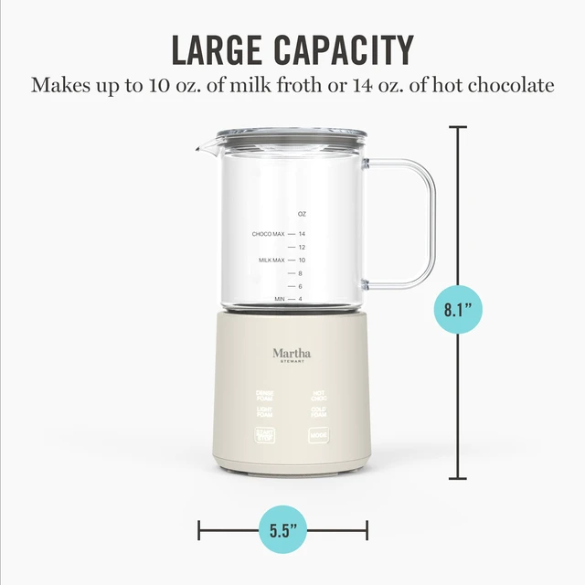 Alt view image 6 of 7 - Martha Stewart 10oz Milk Frother & Steamer, 4 Presets, 300ml Glass Pitcher | Light, Dense, Cold Foam & Hot Chocolate, Ready in 90 Seconds, Cordless Pouring, Runs Quiet, Almond, Soy & Oat Milk, Linen