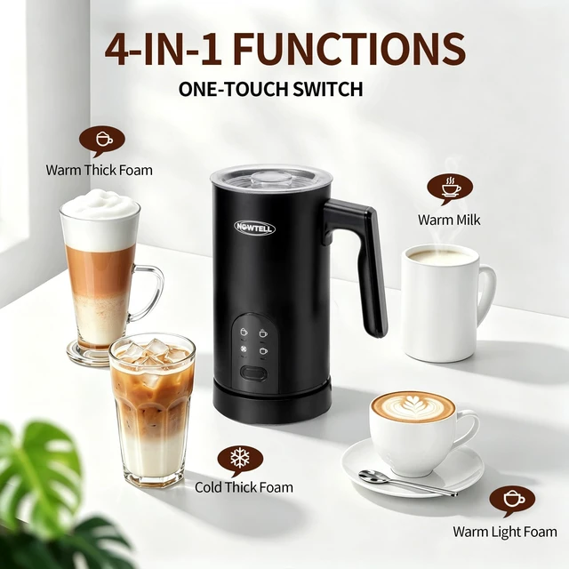 Alt view image 2 of 7 - Nowtell 4-in-1 Electric Milk Frother and Steamer, 350ml Hot Cold Foam Maker | 304 Non-Stick Liner, Dry-Burn & Overheat Protection, 4 Modes for Latte, Cappuccino & Cocoa, Black