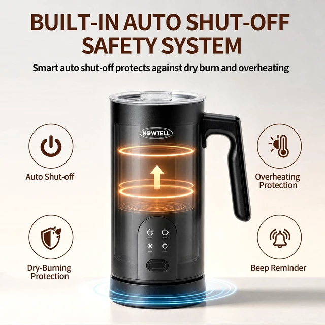 Alt view image 4 of 7 - Nowtell 4-in-1 Electric Milk Frother and Steamer, 350ml Hot Cold Foam Maker | 304 Non-Stick Liner, Dry-Burn & Overheat Protection, 4 Modes for Latte, Cappuccino & Cocoa, Black