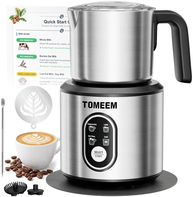 Main image of TOMEEM 4-in-1 Electric Milk Frother and Steamer for Hot & Cold Foam | Detachable Stainless Steel Coffee Frother for Latte, Cappuccino, Hot Chocolate, with Latte Art Pen, Stencils & Non-Slip Mat