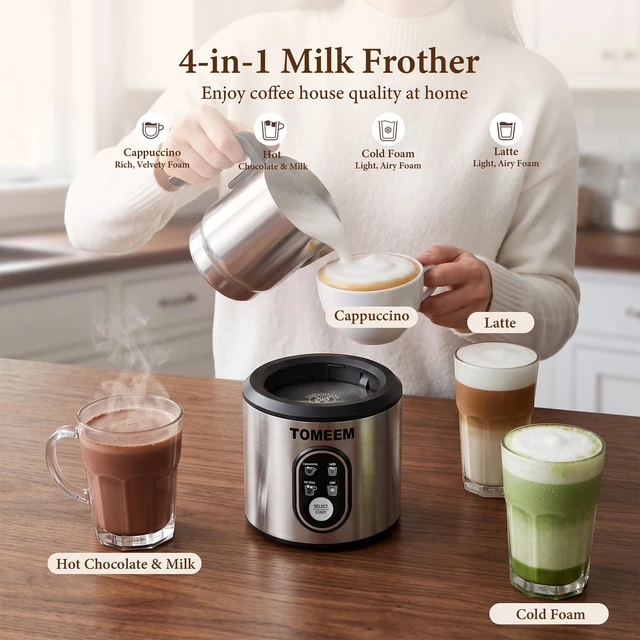 Alt view image 2 of 7 - TOMEEM 4-in-1 Electric Milk Frother and Steamer for Hot & Cold Foam | Detachable Stainless Steel Coffee Frother for Latte, Cappuccino, Hot Chocolate, with Latte Art Pen, Stencils & Non-Slip Mat