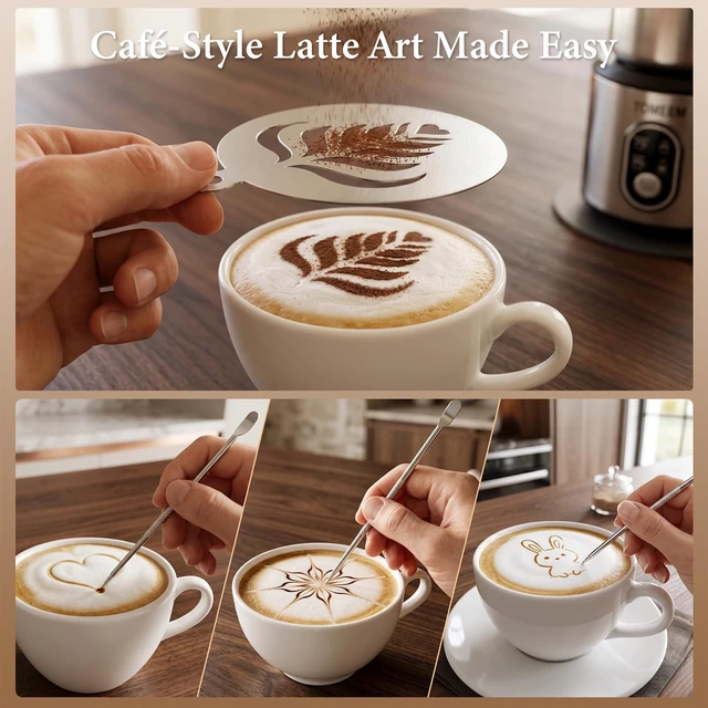 Alt view image 6 of 7 - TOMEEM 4-in-1 Electric Milk Frother and Steamer for Hot & Cold Foam | Detachable Stainless Steel Coffee Frother for Latte, Cappuccino, Hot Chocolate, with Latte Art Pen, Stencils & Non-Slip Mat