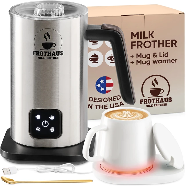 Main image of FROTHAUS Milk Steamer and Frother Machine 4-In-1 Stainless Steel Electric Automatic Hot & Cold Foam Maker for Coffee, Latte, Cappuccino - 12OZ Mug Warmer Set Included