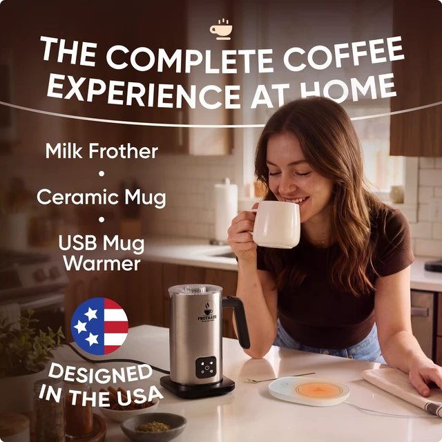 Alt view image 2 of 7 - FROTHAUS Milk Steamer and Frother Machine 4-In-1 Stainless Steel Electric Automatic Hot & Cold Foam Maker for Coffee, Latte, Cappuccino - 12OZ Mug Warmer Set Included