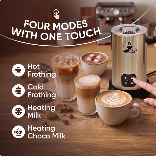 Alt view image 3 of 7 - FROTHAUS Milk Steamer and Frother Machine 4-In-1 Stainless Steel Electric Automatic Hot & Cold Foam Maker for Coffee, Latte, Cappuccino - 12OZ Mug Warmer Set Included