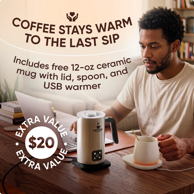 Alt view image 4 of 7 - FROTHAUS Milk Steamer and Frother Machine 4-In-1 Stainless Steel Electric Automatic Hot & Cold Foam Maker for Coffee, Latte, Cappuccino - 12OZ Mug Warmer Set Included