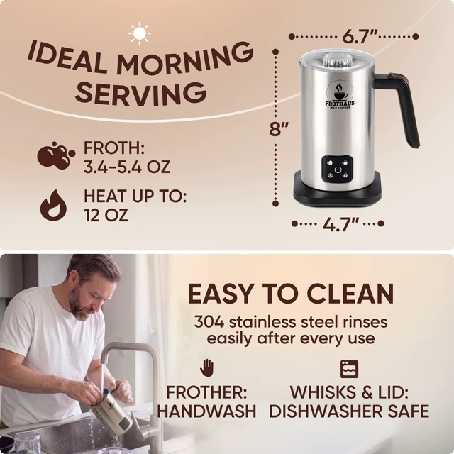 Alt view image 6 of 7 - FROTHAUS Milk Steamer and Frother Machine 4-In-1 Stainless Steel Electric Automatic Hot & Cold Foam Maker for Coffee, Latte, Cappuccino - 12OZ Mug Warmer Set Included