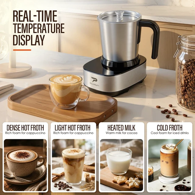 Alt view image 6 of 7 - Electric Milk Frother and Steamer 4-in-1 16.8oz/500ML Stainless Steel | Detachable Cup Milk Frother with Temp Display, Touch Control 4 Hot and Cold Foam Maker Modes, 600W