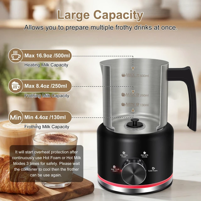Alt view image 2 of 7 - Milk Frother, 16.9 OZ Electric Milk Frother and Steamer, Black | 4-IN-1 Electric Milk Frother Dishwasher Safe, Stainless Steel Milk Frother for Coffee, Hot and Cold Foam Maker for Latte