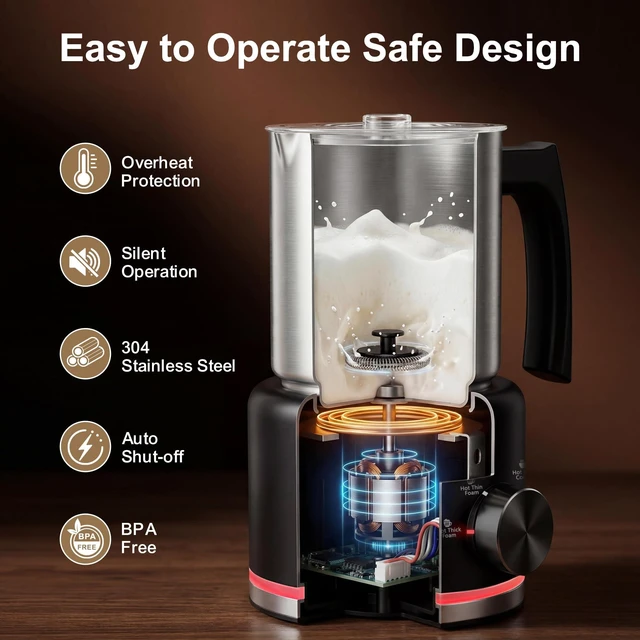 Alt view image 4 of 7 - Milk Frother, 16.9 OZ Electric Milk Frother and Steamer, Black | 4-IN-1 Electric Milk Frother Dishwasher Safe, Stainless Steel Milk Frother for Coffee, Hot and Cold Foam Maker for Latte