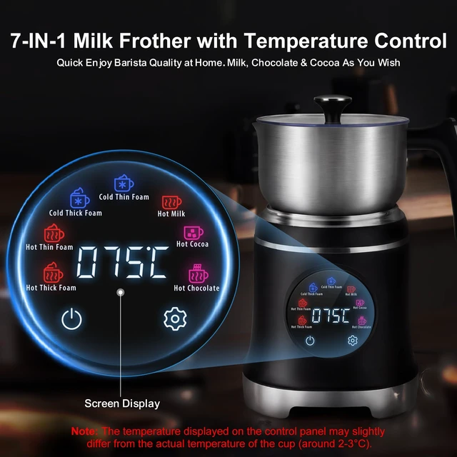 Alt view image 2 of 7 - Milk Frother, 20.3 OZ Electric Milk Frother and Steamer, Black | 7-IN-1 Stainless Steel Milk Frother Dishwasher Safe, Temperature Control & Temperature Display, Hot and Cold Foam Maker