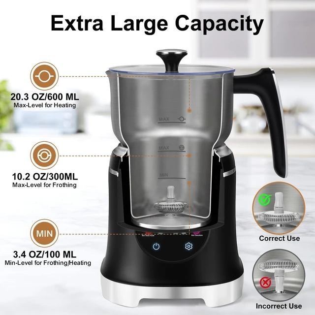 Alt view image 7 of 7 - Milk Frother, 20.3 OZ Electric Milk Frother and Steamer, Black | 7-IN-1 Stainless Steel Milk Frother Dishwasher Safe, Temperature Control & Temperature Display, Hot and Cold Foam Maker