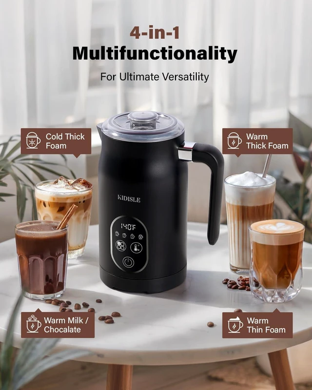 Alt view image 2 of 7 - KIDISLE 4-in-1 Electric Milk Frother and Steamer, Adjustable Temperature | Hot & Cold Foam Maker , 4 Heat Settings 130-160°F, 30-Min Keep Warm, Frother for Coffee, Lattes, Cappuccinos, Hot Chocolate