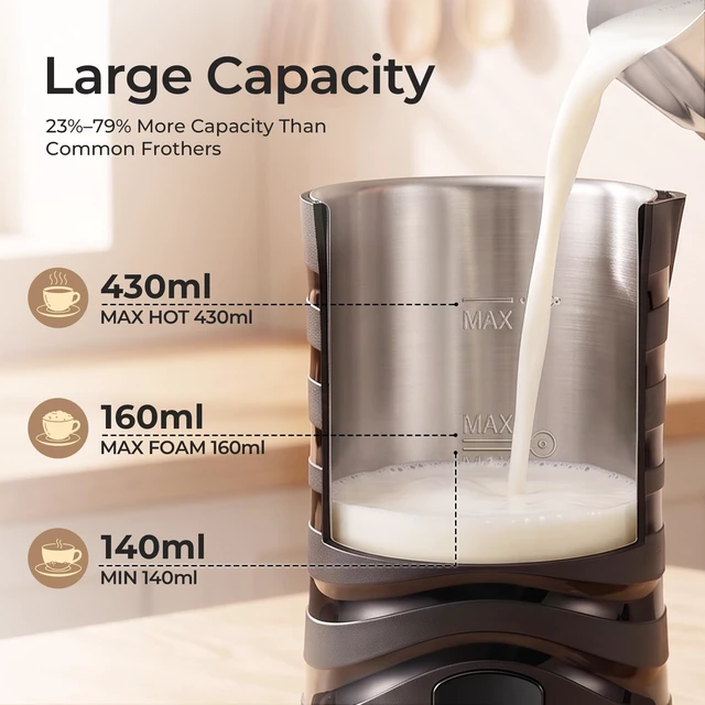 Alt view image 3 of 7 - Large Capacity Milk Frother 430ml, 4-in-1Electric Milk Steamer and Frother | 130s Fast Frothing, Stainless Steel Coffee Frother, Hot and Cold Foam Maker for Latte Coffee Macchiato Hot Chocolate