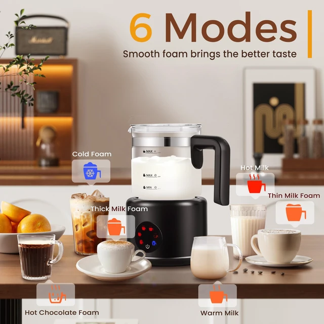 Alt view image 4 of 7 - Milk Frother and Steamer, 6 in 1 Milk Steamer and Milk Warmer, 17oz Auto Shut Off Electric Frother with Touch Screen, Hot/Cold Foam Maker for Coffee, Latte, Cappuccino, Hot Chocolate, Black