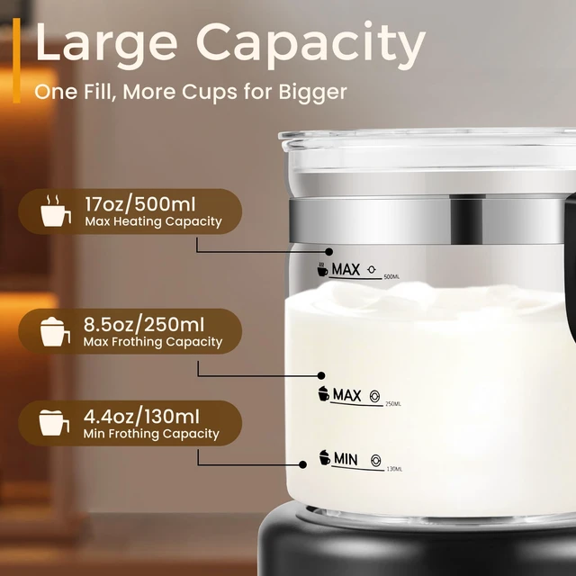 Alt view image 7 of 7 - Milk Frother and Steamer, 6 in 1 Milk Steamer and Milk Warmer, 17oz Auto Shut Off Electric Frother with Touch Screen, Hot/Cold Foam Maker for Coffee, Latte, Cappuccino, Hot Chocolate, Black