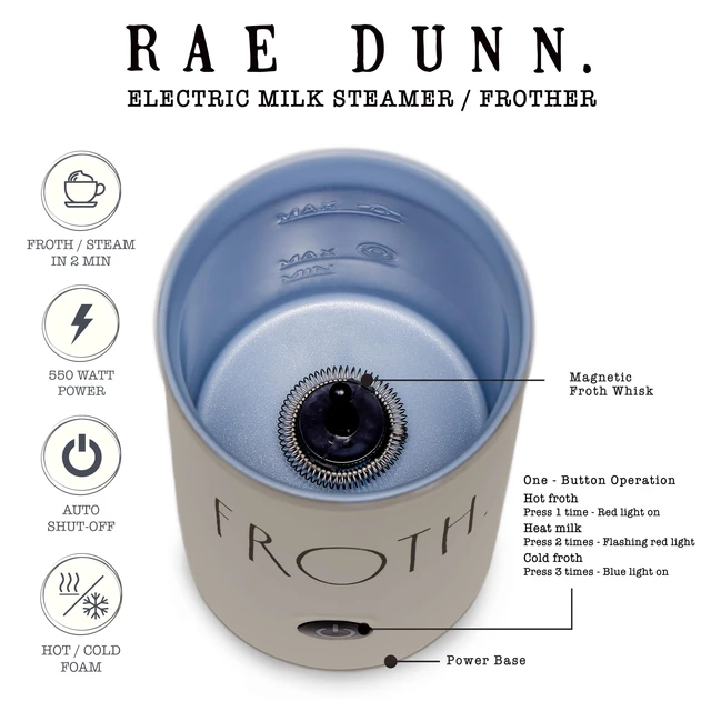 Alt view image 3 of 7 - Rae Dunn Electric Milk Frother Steamer -Stylish Automatic Milk Steamer and Frother, Milk Warmer, Hot and Cold Foam Maker for Coffee, Latte, Cappuccino, Macchiato - 550 Watt (Sand)