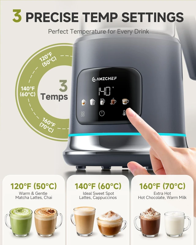 Alt view image 4 of 7 - AMZCHEF 5-in-1 Milk Frother and Steamer 21oz/600mL, Space Grey | Adjustable Temp & 550W IH Heating, Memory Function for Hot & Cold Foam, Hot Chocolate & Milk Warmer, Dishwasher Safe