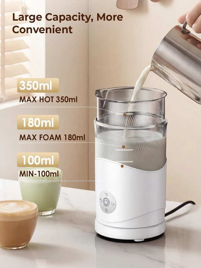 Alt view image 2 of 7 - 350ml Electric Milk Frother: 4-in-1 Hot & Cold Foam Maker - White | 450W Milk Steamer With 180ml Foam, Under 55dB For Family Mornings - SUS304 Steel, 2 Whisks for Latte, Cappuccino