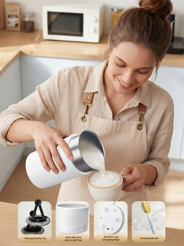 Alt view image 5 of 7 - 350ml Electric Milk Frother: 4-in-1 Hot & Cold Foam Maker - White | 450W Milk Steamer With 180ml Foam, Under 55dB For Family Mornings - SUS304 Steel, 2 Whisks for Latte, Cappuccino