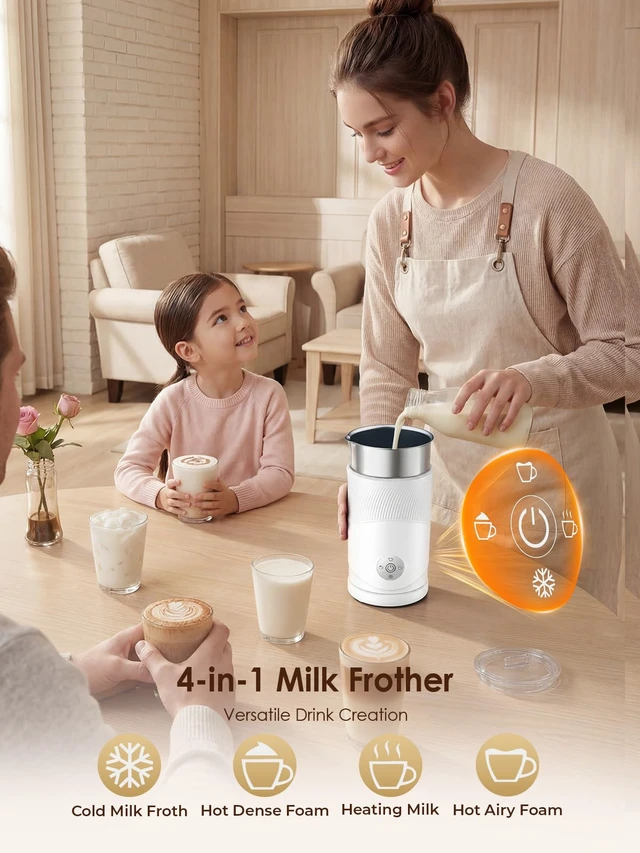 Alt view image 7 of 7 - 350ml Electric Milk Frother: 4-in-1 Hot & Cold Foam Maker - White | 450W Milk Steamer With 180ml Foam, Under 55dB For Family Mornings - SUS304 Steel, 2 Whisks for Latte, Cappuccino