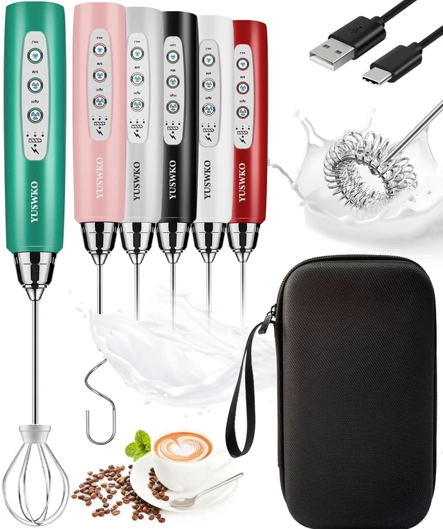 Main image of YUSWKO Handheld Milk Frother Wand for Coffee, Rechargeable Electric Whisk with 3 Heads 3 Speeds Drink Mixer Coffee Frother For Latte, Cappuccino, Hot Chocolate, Egg, Green with Bag