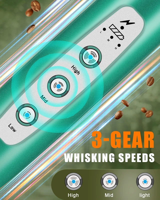 Alt view image 2 of 7 - YUSWKO Handheld Milk Frother Wand for Coffee, Rechargeable Electric Whisk with 3 Heads 3 Speeds Drink Mixer Coffee Frother For Latte, Cappuccino, Hot Chocolate, Egg, Green with Bag