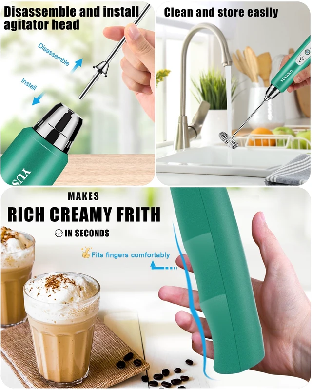 Alt view image 4 of 7 - YUSWKO Handheld Milk Frother Wand for Coffee, Rechargeable Electric Whisk with 3 Heads 3 Speeds Drink Mixer Coffee Frother For Latte, Cappuccino, Hot Chocolate, Egg, Green with Bag
