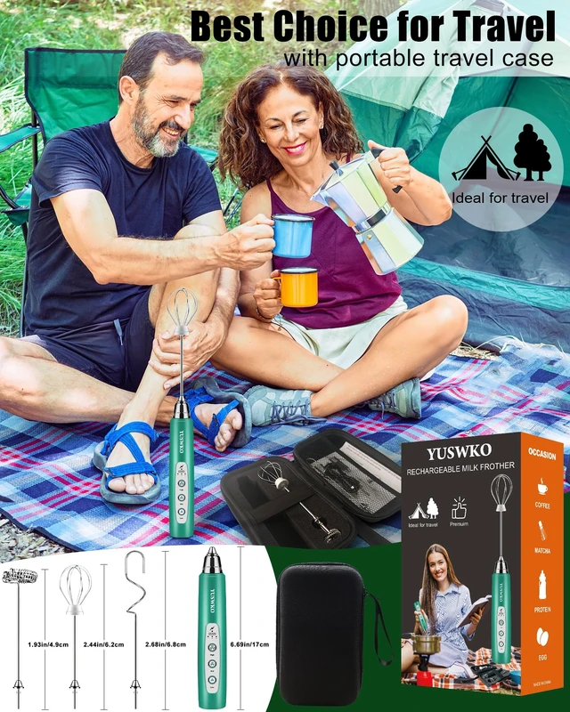Alt view image 6 of 7 - YUSWKO Handheld Milk Frother Wand for Coffee, Rechargeable Electric Whisk with 3 Heads 3 Speeds Drink Mixer Coffee Frother For Latte, Cappuccino, Hot Chocolate, Egg, Green with Bag
