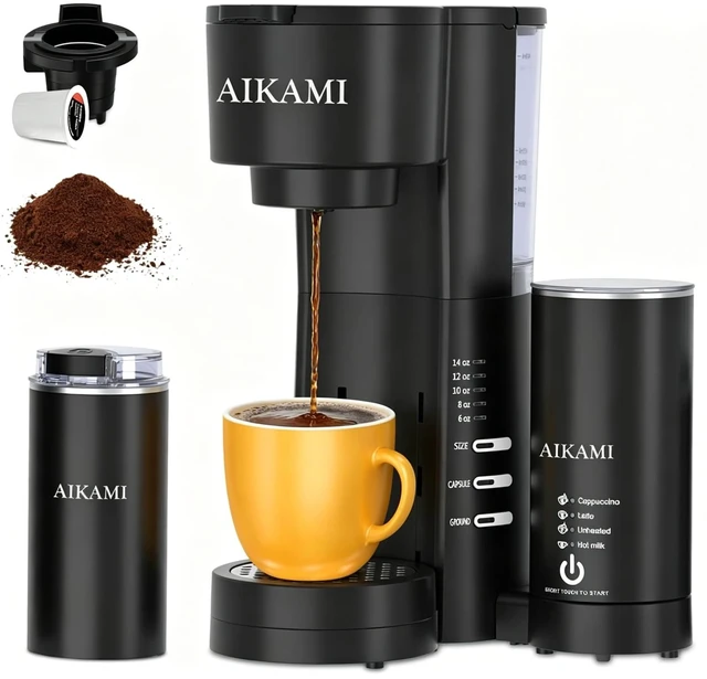 Main image of 4 IN 1 Single Serve Coffee Maker with Milk Frother and Coffee Grinder, Coffee Maker for K Cup and Ground Coffee, with 30 oz Removable Water Reservoir, 6 to 14 oz. Brew Sizes, Coffee Machine for Home