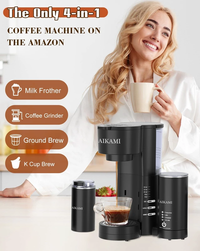 Alt view image 2 of 7 - 4 IN 1 Single Serve Coffee Maker with Milk Frother and Coffee Grinder, Coffee Maker for K Cup and Ground Coffee, with 30 oz Removable Water Reservoir, 6 to 14 oz. Brew Sizes, Coffee Machine for Home